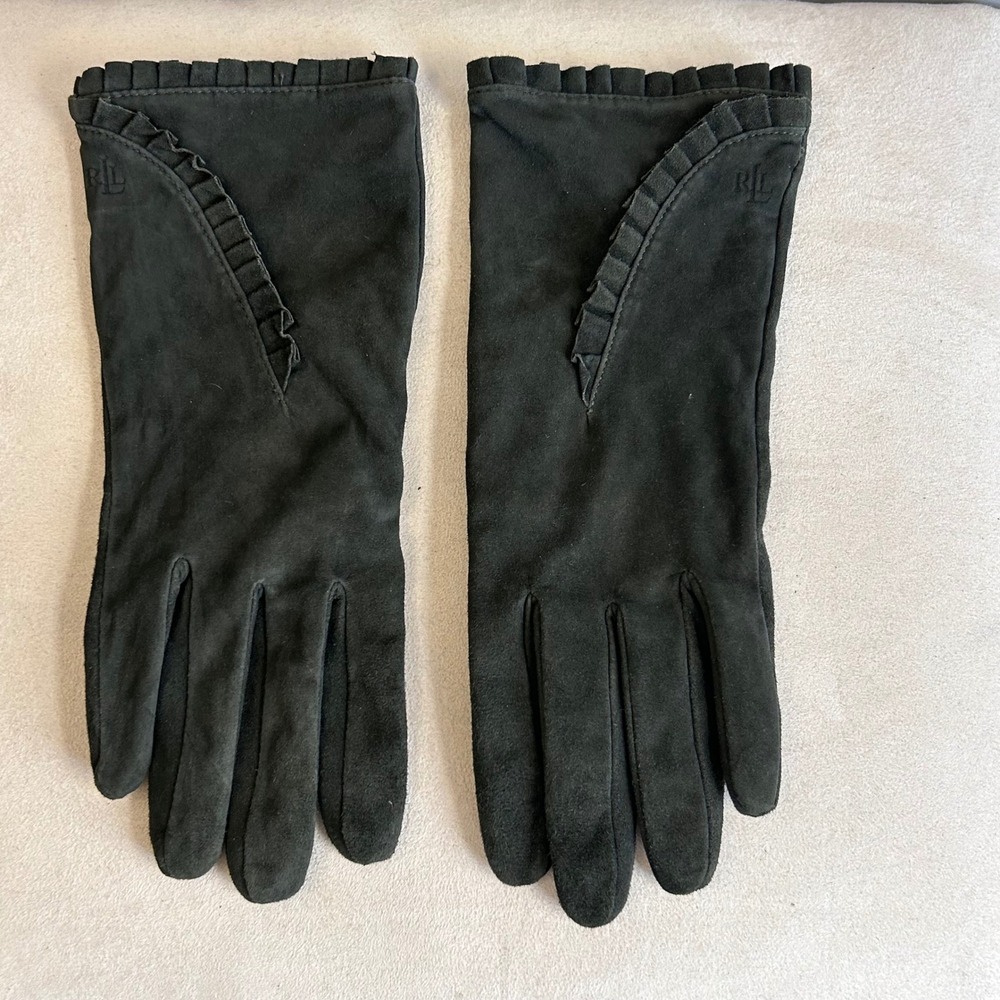 Lauren Ralph Lauren Green Suede Leather Ruffle Trim Gloves XL RN 26128